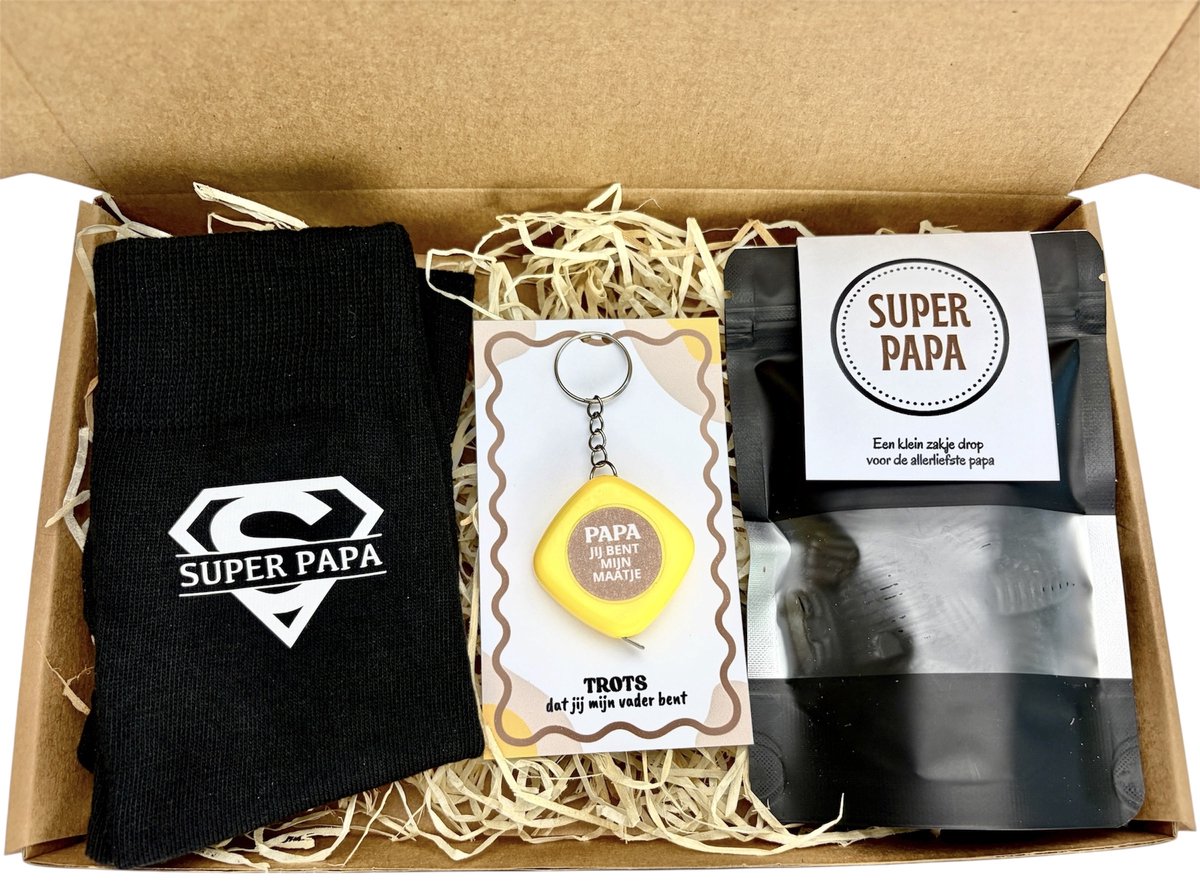 Vaderdag Cadeauset | Sokken (maat 43/46) en Rolmaat | Super Papa | Cadeau Voor Papa | Verjaardag Cadeau |Vaderdag | Maatje | Papa