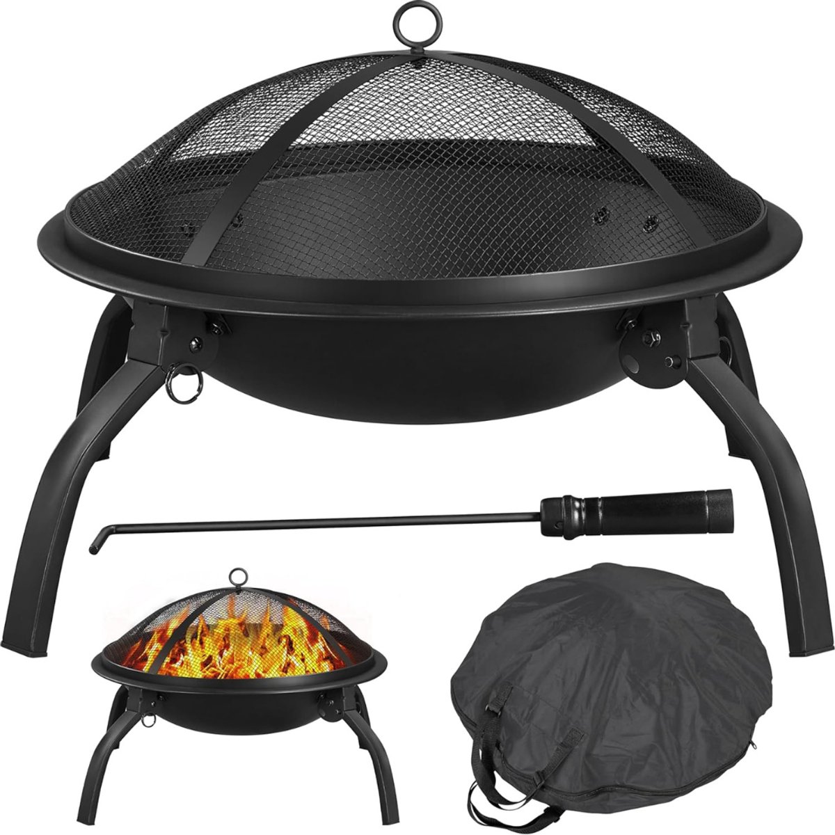 TIM® Vuurkorf Met Vonkenscherm - Vuurkorf – Vuurhaard Met Draagtas - Terrashaard - Openhaard - Vuurton - Vuurmand Op Voeten - Kachel – Buitenhaard - 54 cm Diameter - Zwart - 54cm x 54cm x 39cm