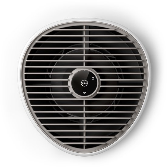 Bovenaanzicht van een witte Philips luchtreiniger met een ventilatorrooster.
