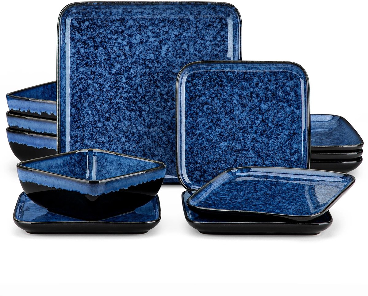 Hutjemutje - keramische serviesset - dinerset - borden & kommen - 12-delig - vierkant - stijlvol - functioneel - voor 4 personen - blauw