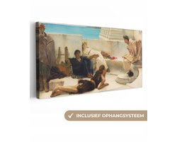 Canvas schilderij 160x80 cm - Wanddecoratie A reading from home - Lawrence Alma Tadema - Muurdecoratie woonkamer - Slaapkamer decoratie - Kamer accessoires - Schilderijen op canvas