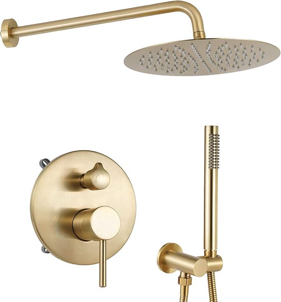 Gouden doucheset met regenhoofddouche, handdouche en inbouw thermostaatkraan.