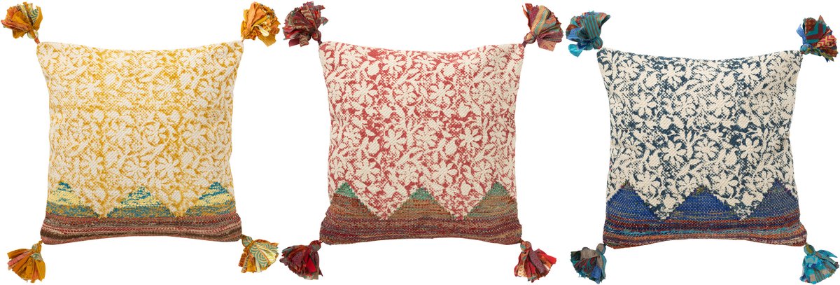 J-Line kussen Vierkant Bloemen - katoen - mix - 3 stuks Rood