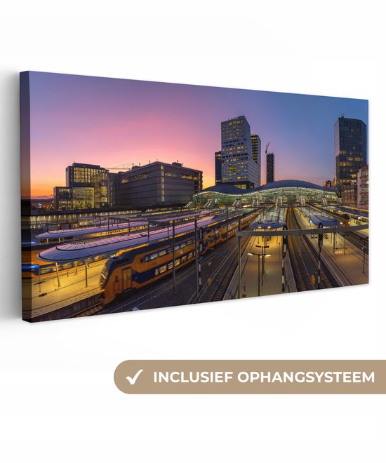 Canvas schilderij 40x20 cm - Wanddecoratie Station - Utrecht - Trein - Muurdecoratie woonkamer - Slaapkamer decoratie - Kamer accessoires - Schilderijen op canvas
