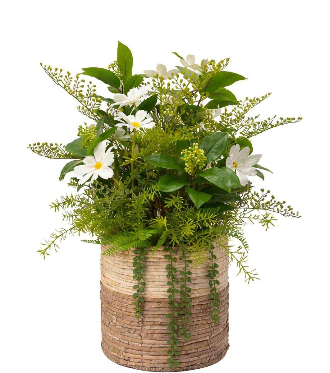 UNUS Kunstbloem met mand, margrieten varen klimop wit/groen 71 cm