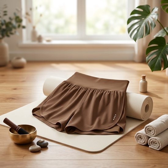 Olijfbruine dames sportshorts met hoge taille, met kleine witte stipjes aan de zijkant. Ligt op een yogamat, naast opgerolde handdoeken en een meditatieding.