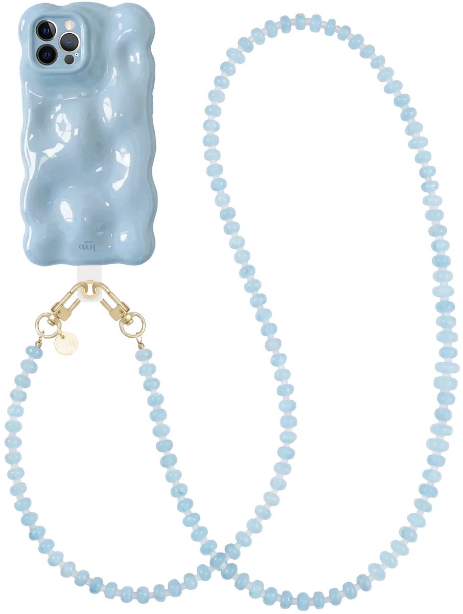 xoxo Wildhearts Bubbly case Ice Blue - Dusty Cord (lang) - Geschikt voor iPhone 12 Pro Max - Hoesje met bobbeltjes inclusief telefoonkoord - Krullende golfvorm - schokbestendig - Telefoonhoesje met koord - Koord ook afneembaar - Blauw