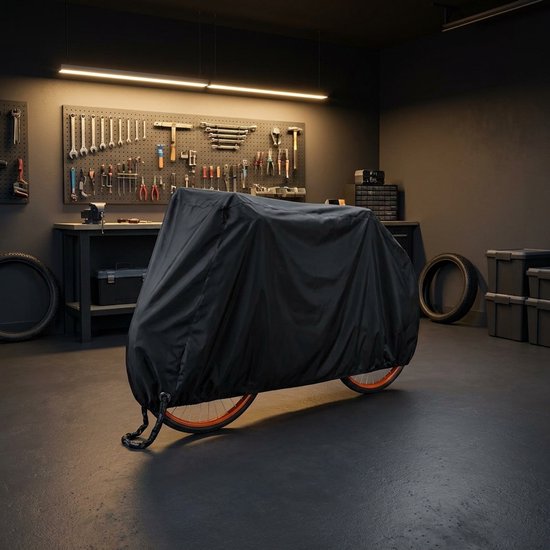 Zwarte fietshoes bedekt een fiets in een garage, met gereedschap aan de muur.