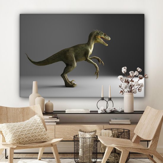 Canvas schilderij 150x100 cm - Wanddecoratie Velociraptor - Dinosaurus - Grijs - Muurdecoratie woonkamer - Slaapkamer decoratie - Kamer accessoires - Schilderijen op canvas