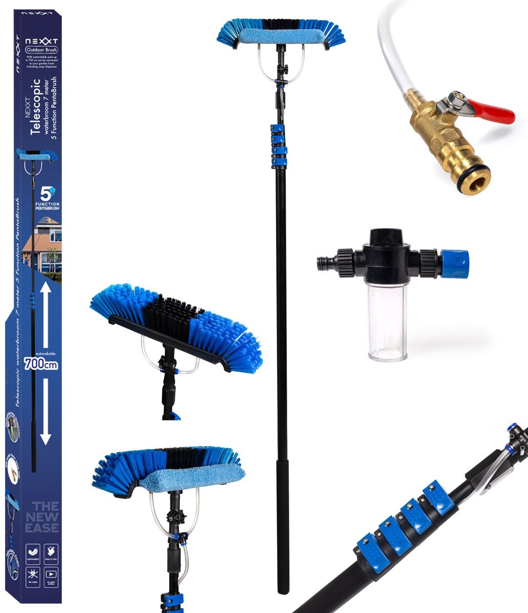 Nexxt Telescopische Waterbezem - 7m - Blauw - Telescopische Wasborstel - Uitschuifbare Wasborstel - Waterbezem met Telescoopsteel - Waterborstel - Raamreiniger -