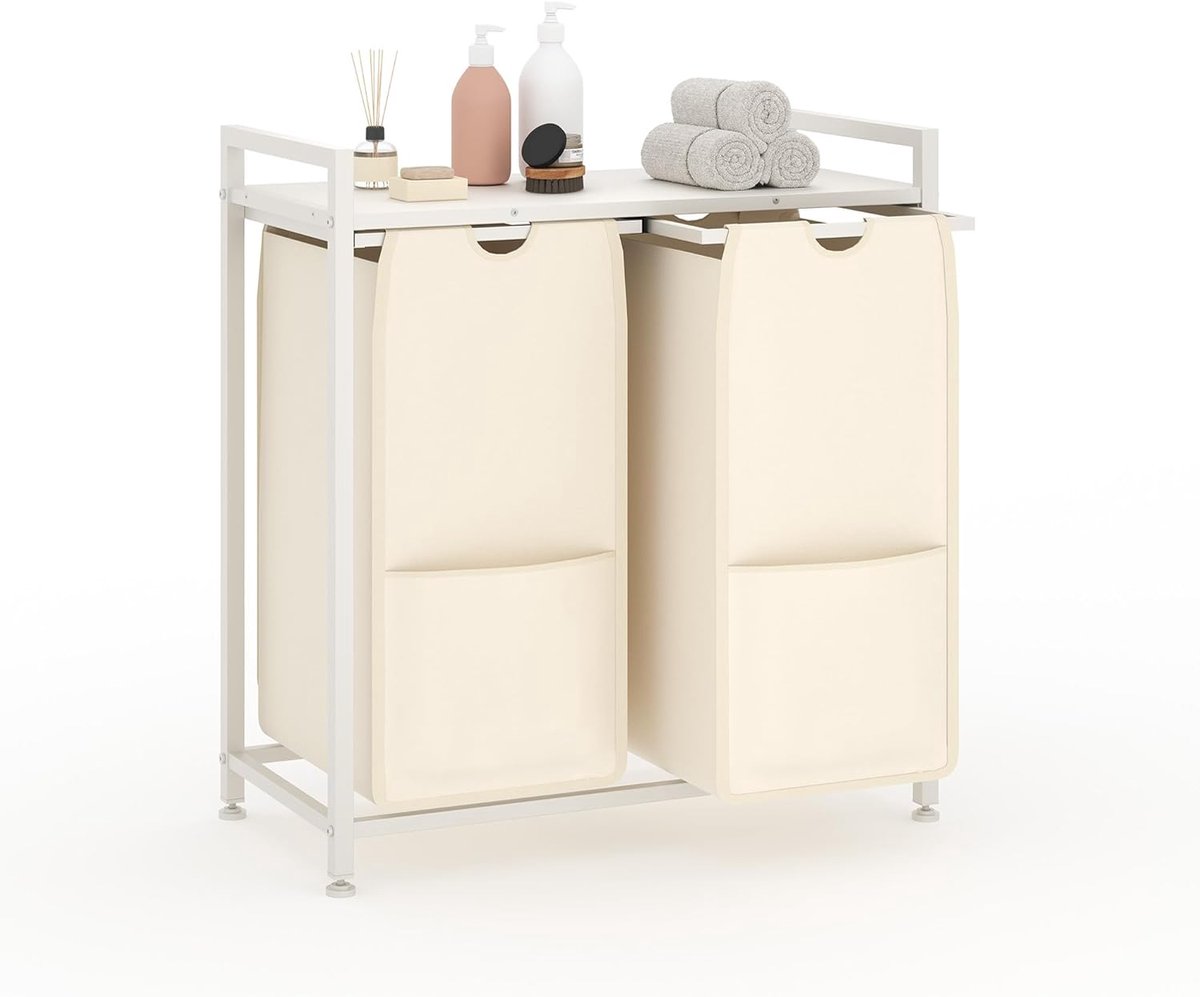 Wasmand 2 vakken, 97L wassorteerder, verrijdbare waswagen – voor wasruimte, slaapkamer, badkamer – wit