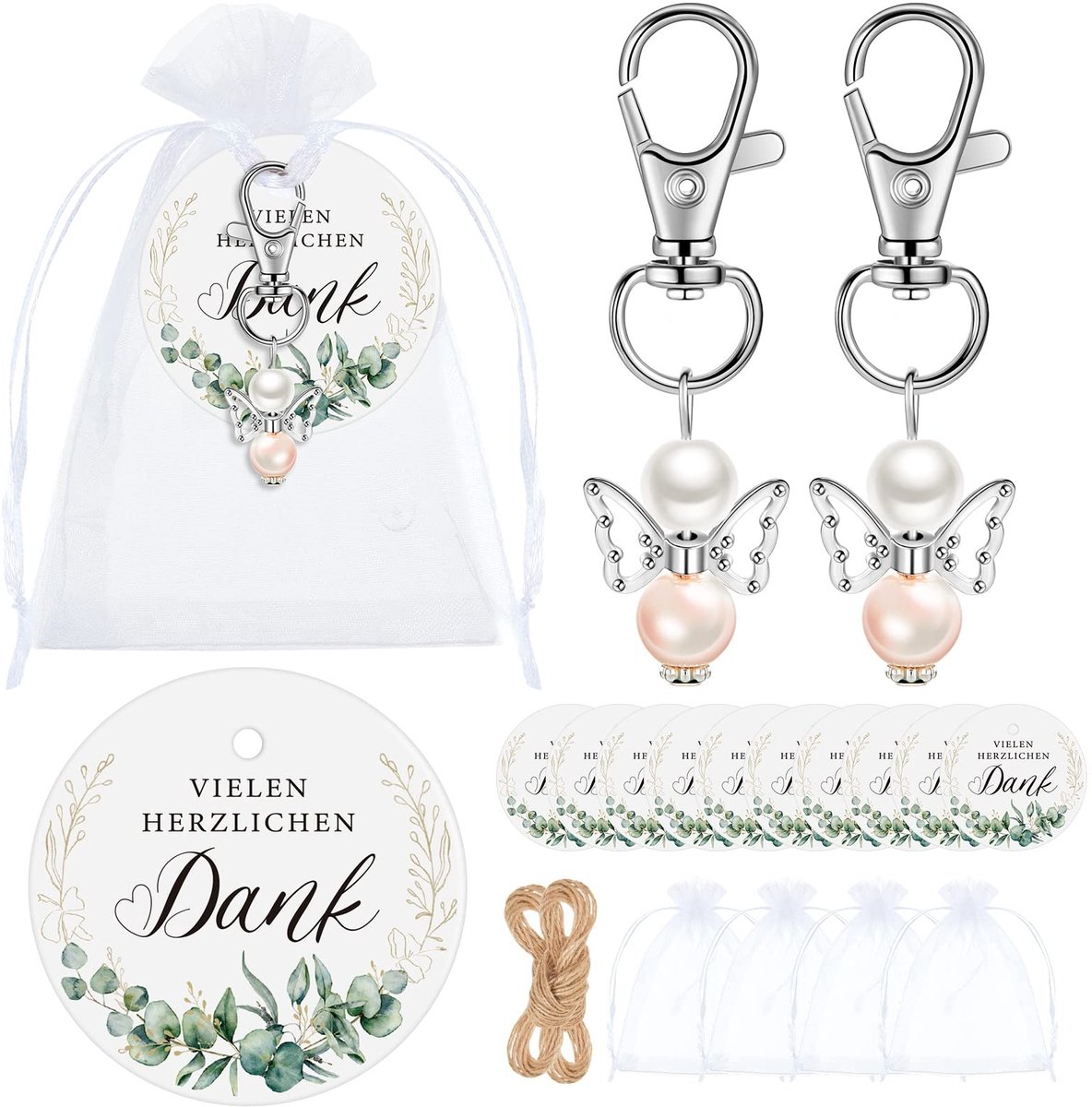 Dailygoods - Dailygoody - Engelcadeaus voor Communie - Sleutelhangers - 30 Sets - Ronde Cadeauhangers - Organza Zakjes - Doopfeest - Gastenbedankjes