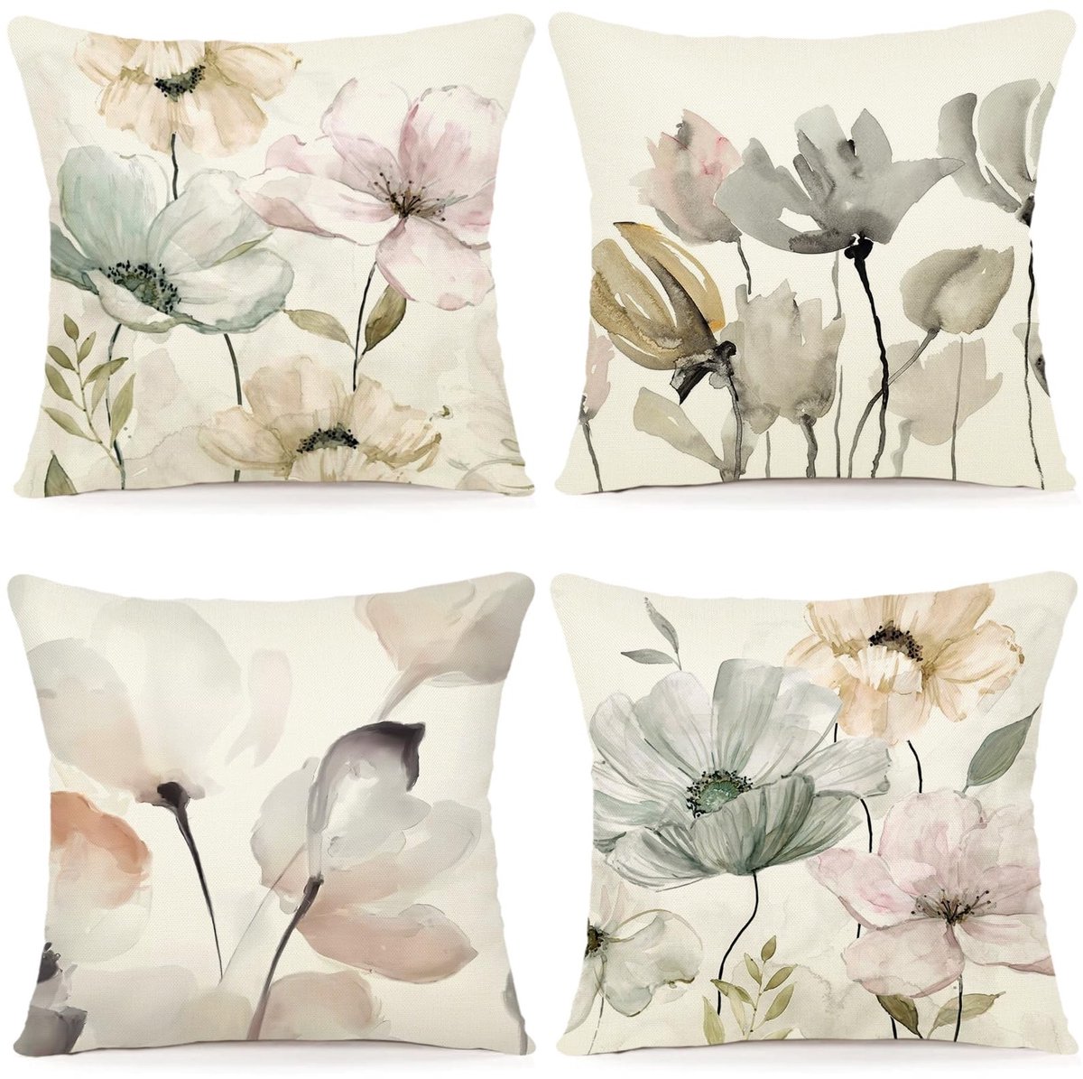 Dailygoods - Dailygoody - Kussenhoezen - Bloemenpatroon - Set van 4 - 40 x 40 cm - Voor binnen- en buitendecoratie - Luxe linnen kussens - Geschikt voor woonkamer