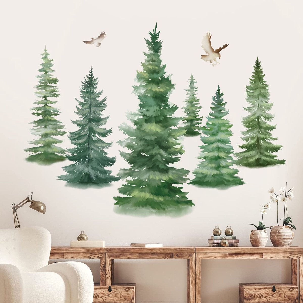 Dailygoods - Dailygoody - Waterverf Muursticker - Grote Pijnbomen - Muurdecoratie - Wandtattoo - Vogels - Geschikt voor Slaapkamer en Woonkamer