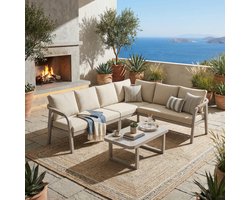 REDOM - Loungeset - Hoekbank Met Salontafel - Modern - Voor Tuin Of Balkon - Staal En Polyester - Beige - 6 Personen