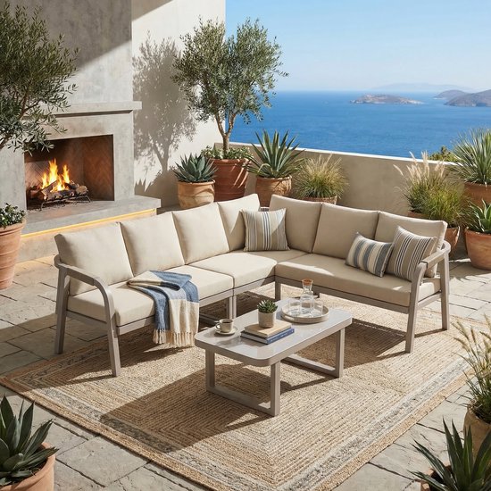 REDOM - Loungeset - Hoekbank Met Salontafel - Modern - Voor Tuin Of Balkon - Staal En Polyester - Beige - 6 Personen