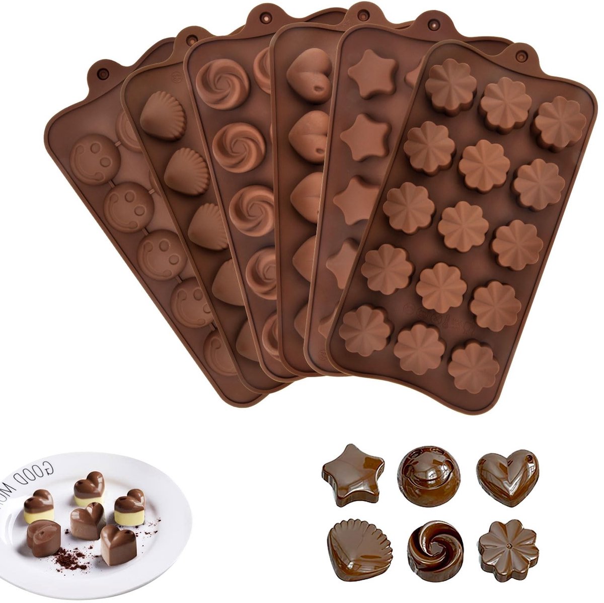 Dailygoods - Dailygoody - 3D-siliconen vormen - Chocolade maken - Voedselveilig - Bruin - Snoepvormen - Ideaal voor desserts - Set van 6