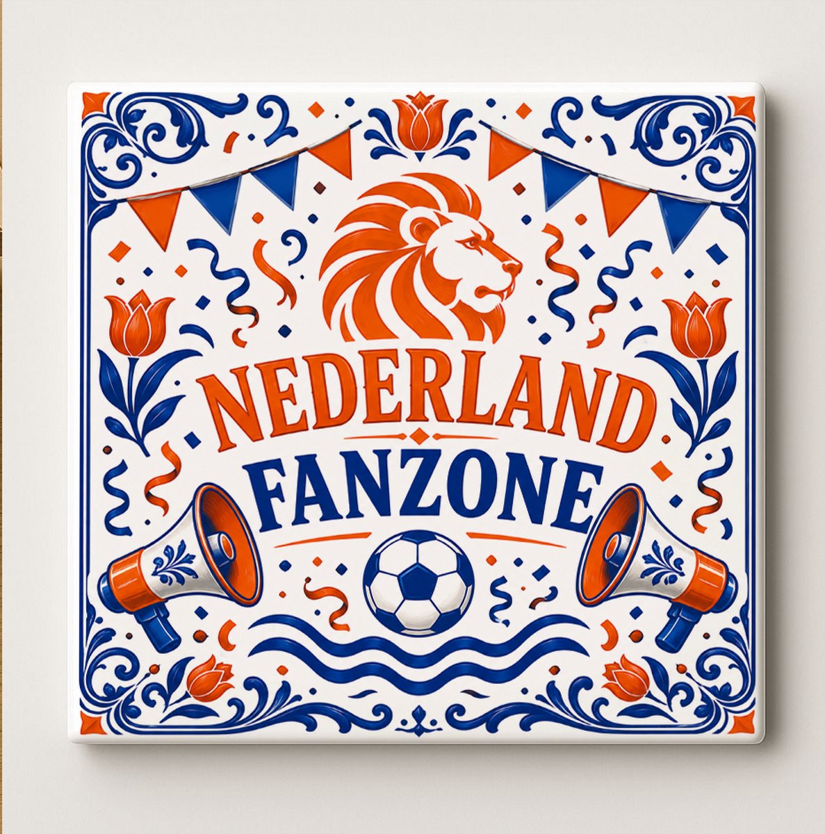 Nederland Fan Zone Decoratieve Keramische Tegel – Nederlandse Leeuw Voetbal Supporter Design – Oranje Blauw Voetbal Wanddecoratie Tegel – Vaderlands Woondecoratie Cadeau