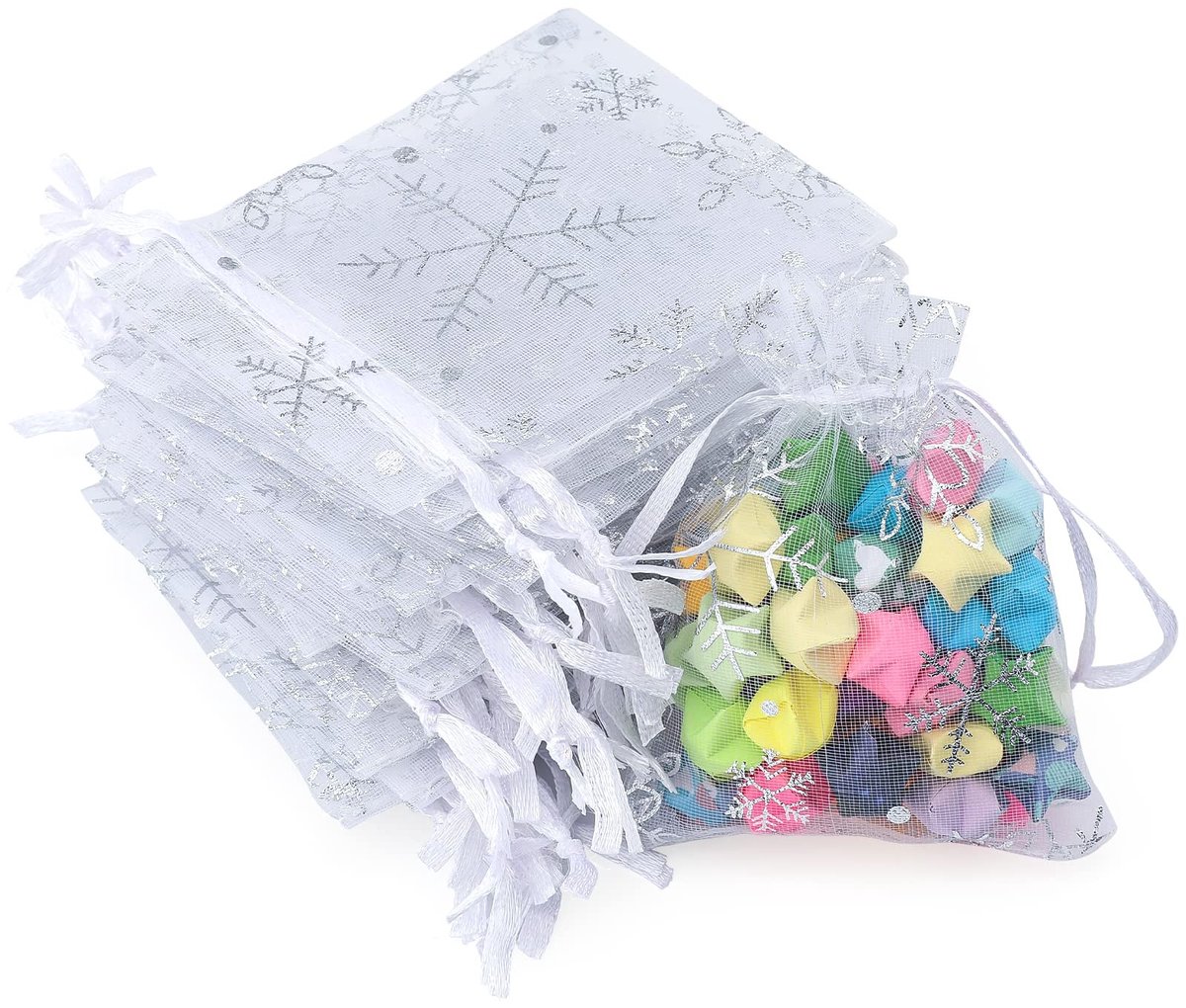 Dailygoods - Dailygoody - Organzazakjes - Kleine Cadeautasjes - Met Sneeuwvlokken - Wit - Trekkoord - Perfect voor Geschenken - Geschikt voor Kerstdecoratie