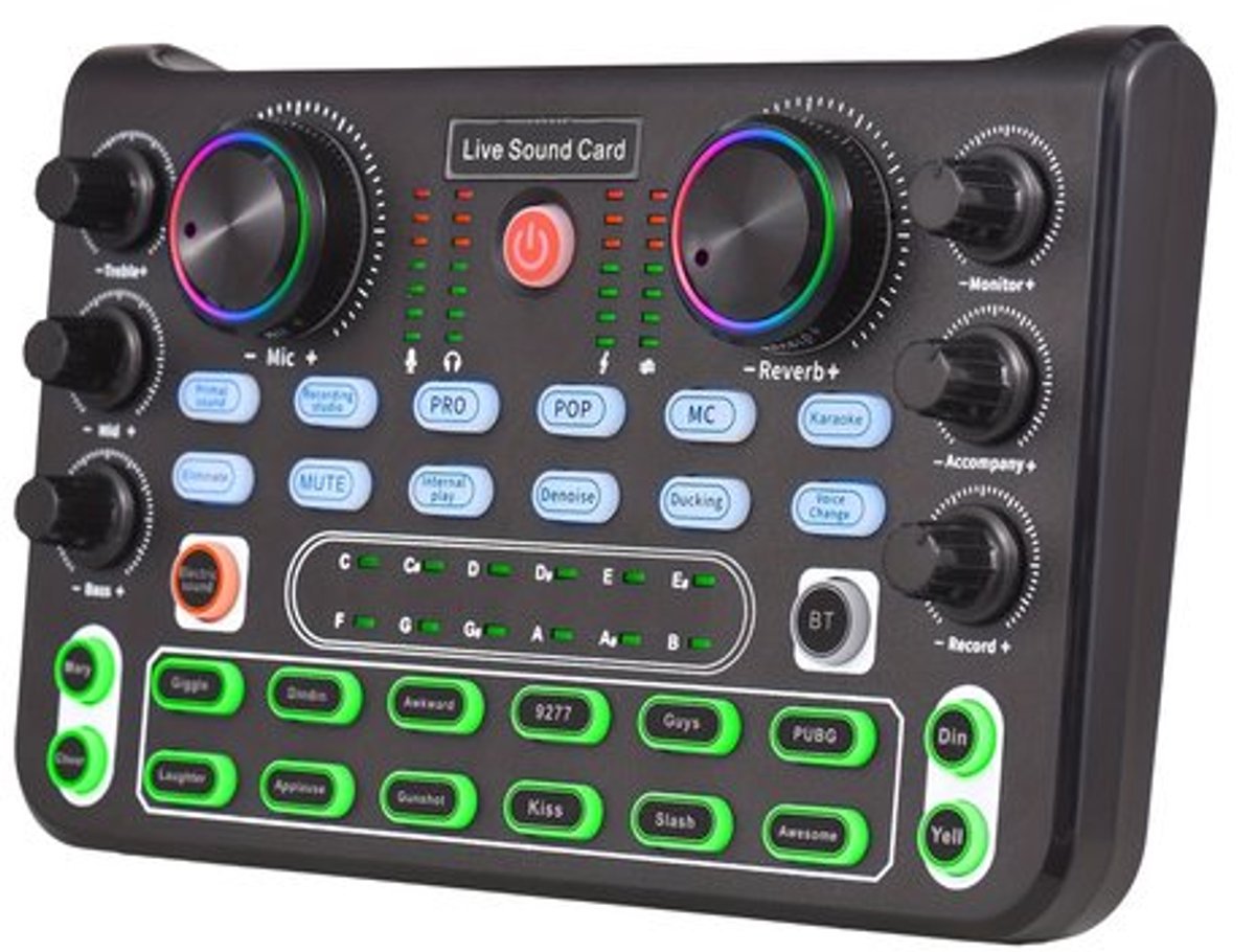 Audiomixer met geluidskaart voor gebruik op locatie, desktopopname voor zang en ruisonderdrukking, geschikt voor livestreaming, podcasting, gaming en opnames.