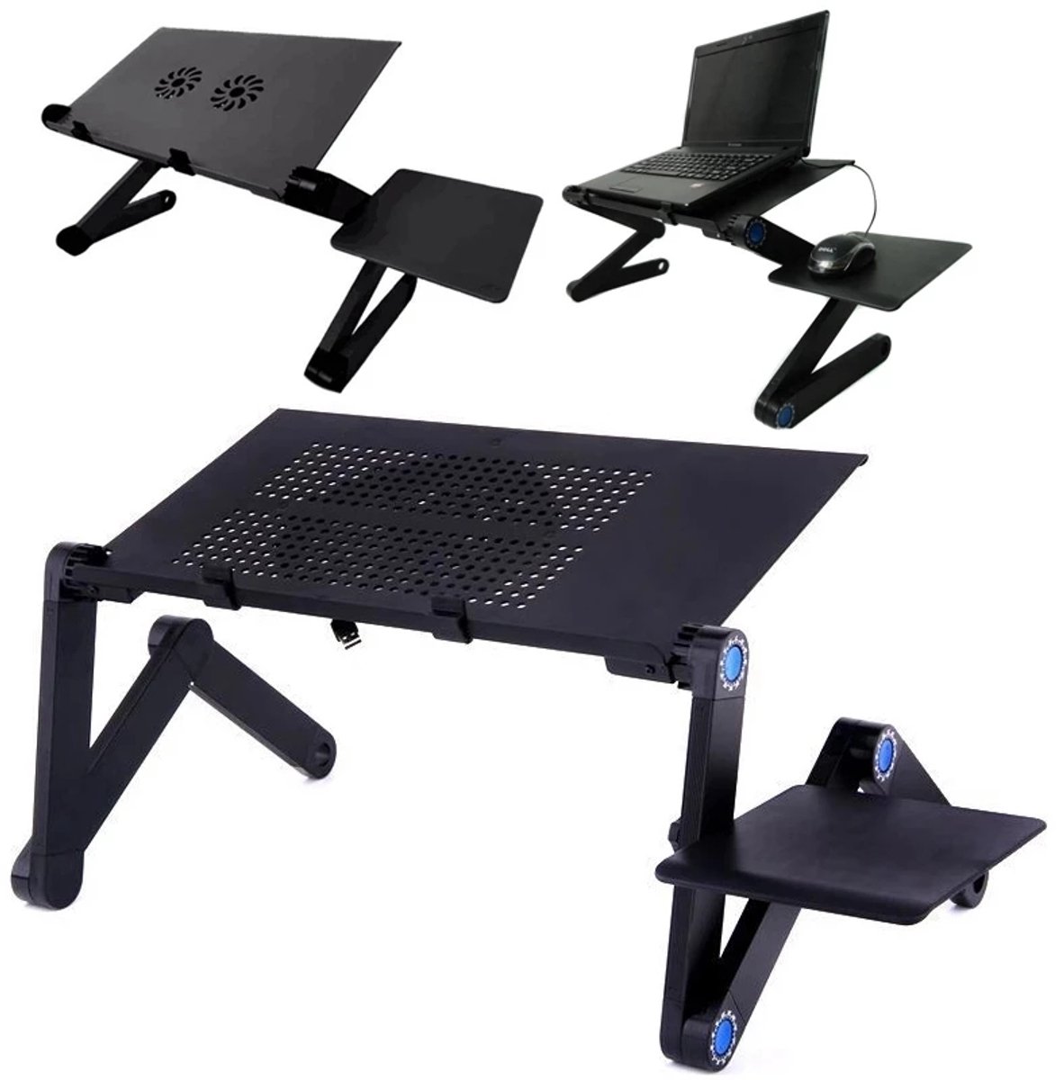 NAVOBIZ Laptoptafel - Laptop standaard - Laptophouder - Verstelbaar - 360° draaibare scharnieren - Koelventilator - Zwart