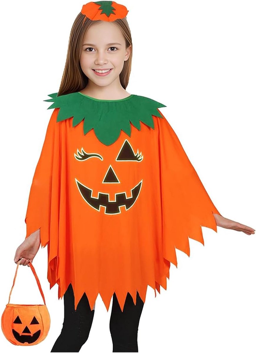 Drie-delige pompoenkostuum voor dames met cape, hoed en pompoentas, perfect voor Halloween en feestdecoratie voor kinderen