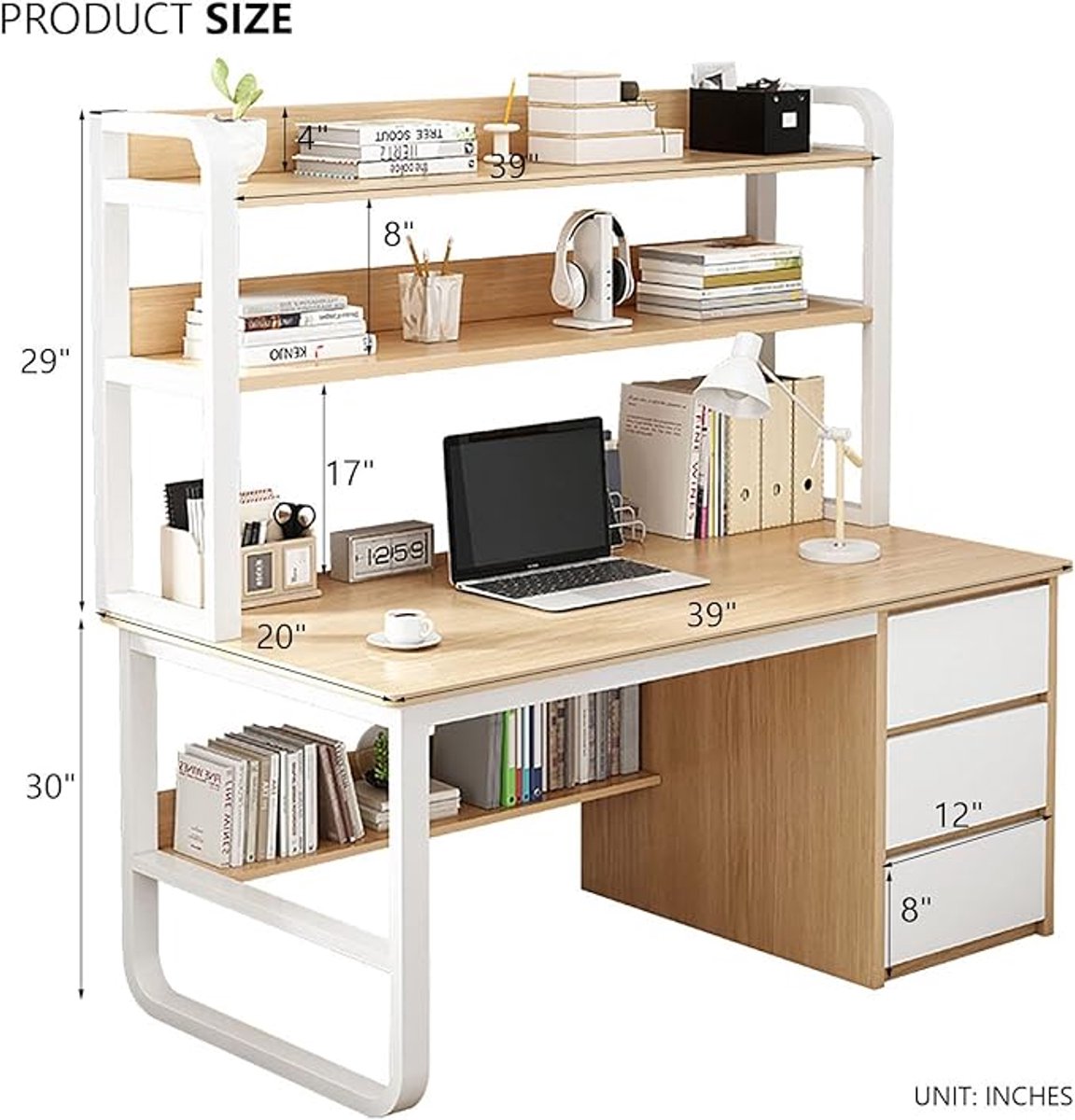 Home Office Bureau met Opzetstuk en 3 Lades – Industrieel Computertafel / Computerbureau 100 cm (39 inch) – Eiken Look met Boekenrek en Opbergruimte –