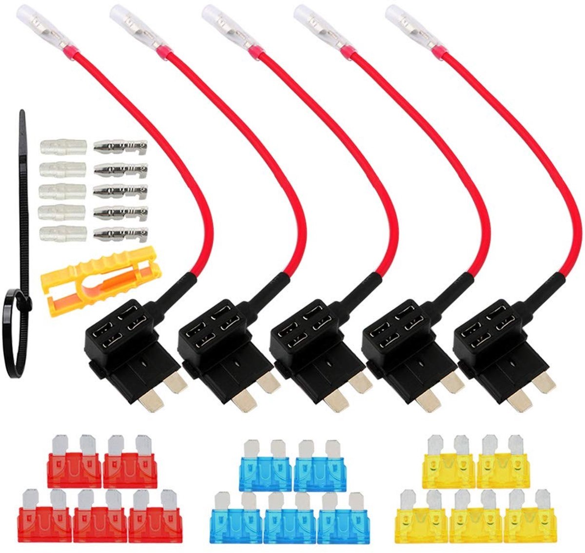 Dailygoods - Cosensi - Dailygoody - 5Pcs Premium Fuse Tap - Voeg extra stroom toe - Zwart - Geschikt voor 12V/24V voertuigen - Met gratis standaard fuses - Ideaal voor