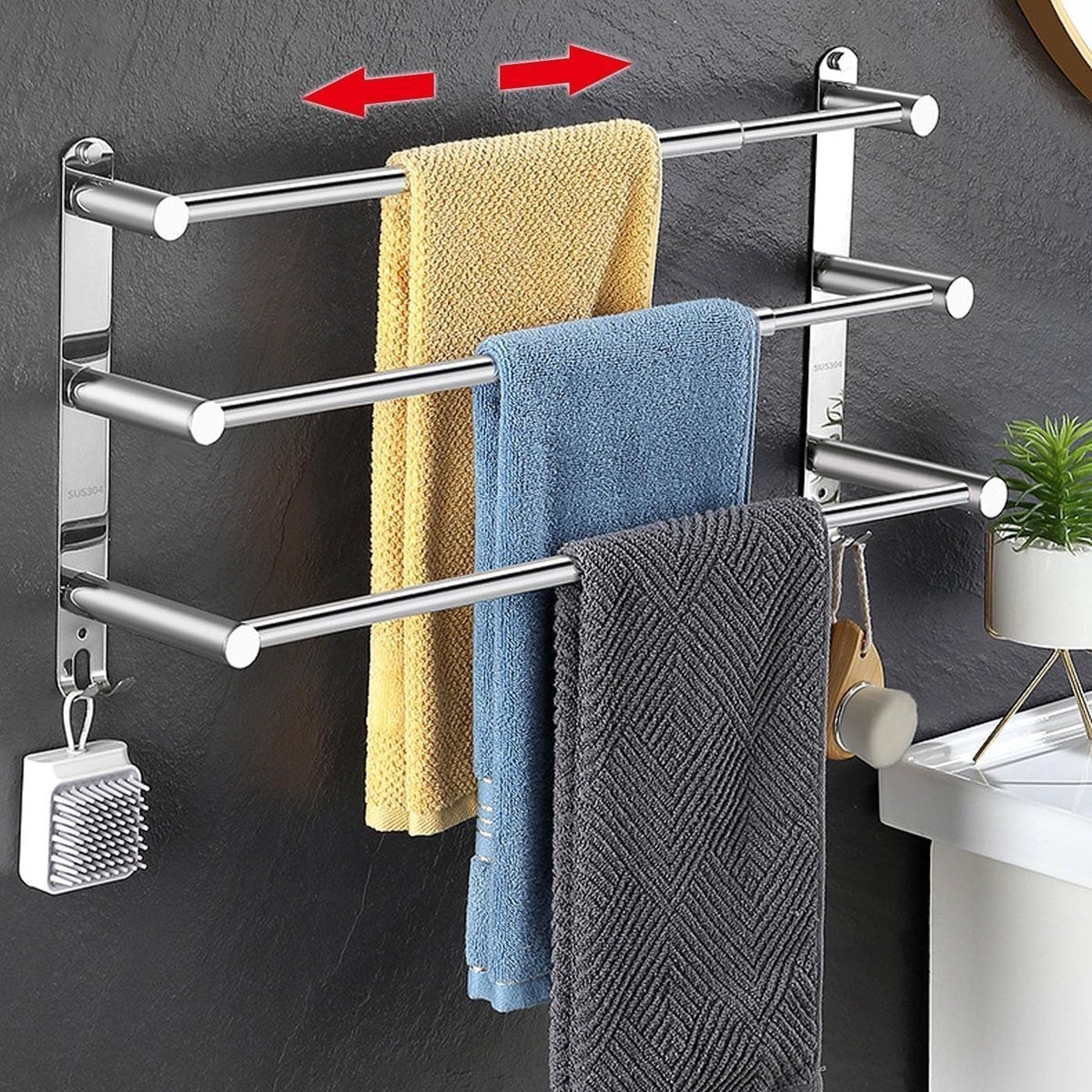 Dailygoody - Handdoekhouder zonder boren - Uittrekbaar - Roestvrij staal - Zilver - Handdoekhaken - Perfect voor badkamer en keuken