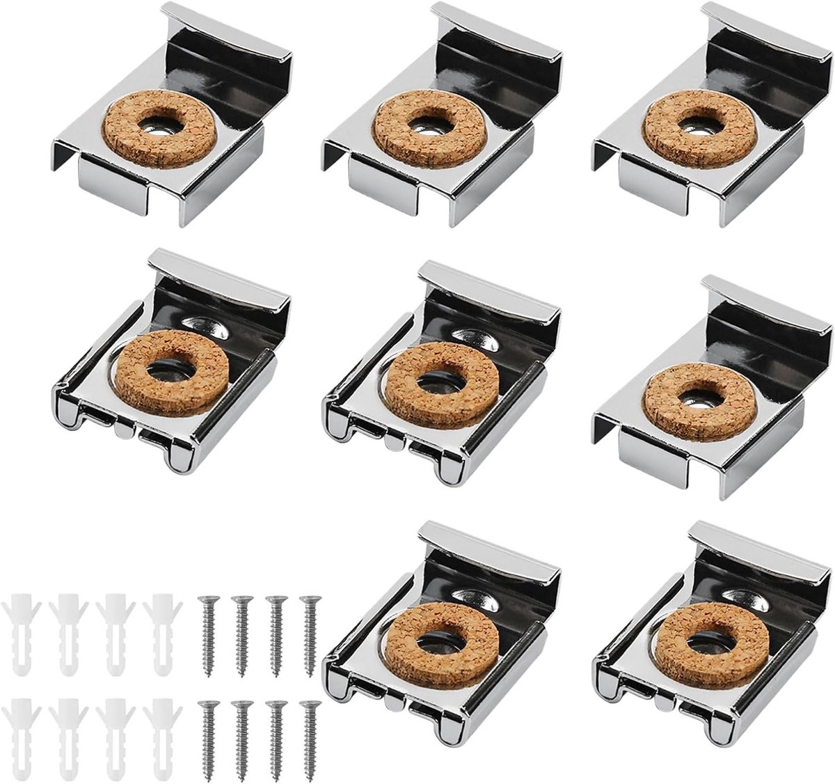 Set van 8 Spiegelsteunen - Veerbelaste Spiegelophangset, Robuuste Beugels, Spiegelclips met Schroeven en Pluggen voor Randloze Wandspiegels in Badkamer, Woonkamer en Publieke Ruimtes