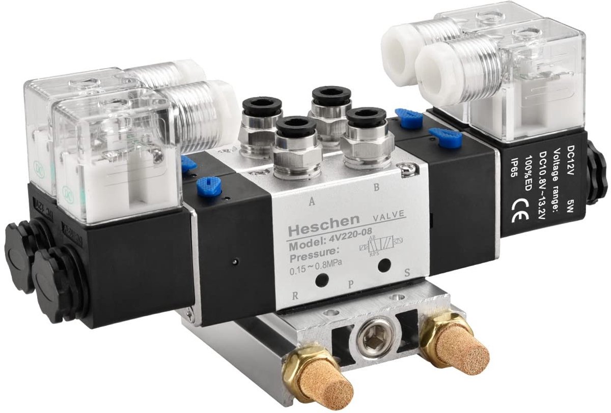 Dailygoody - Pneumatische Solenoïde Ventiel - 5-Weg 2-Poorts - Aluminium Constructie - 12VDC - Snelfitting - Geschikt voor Pneumatische Systemen