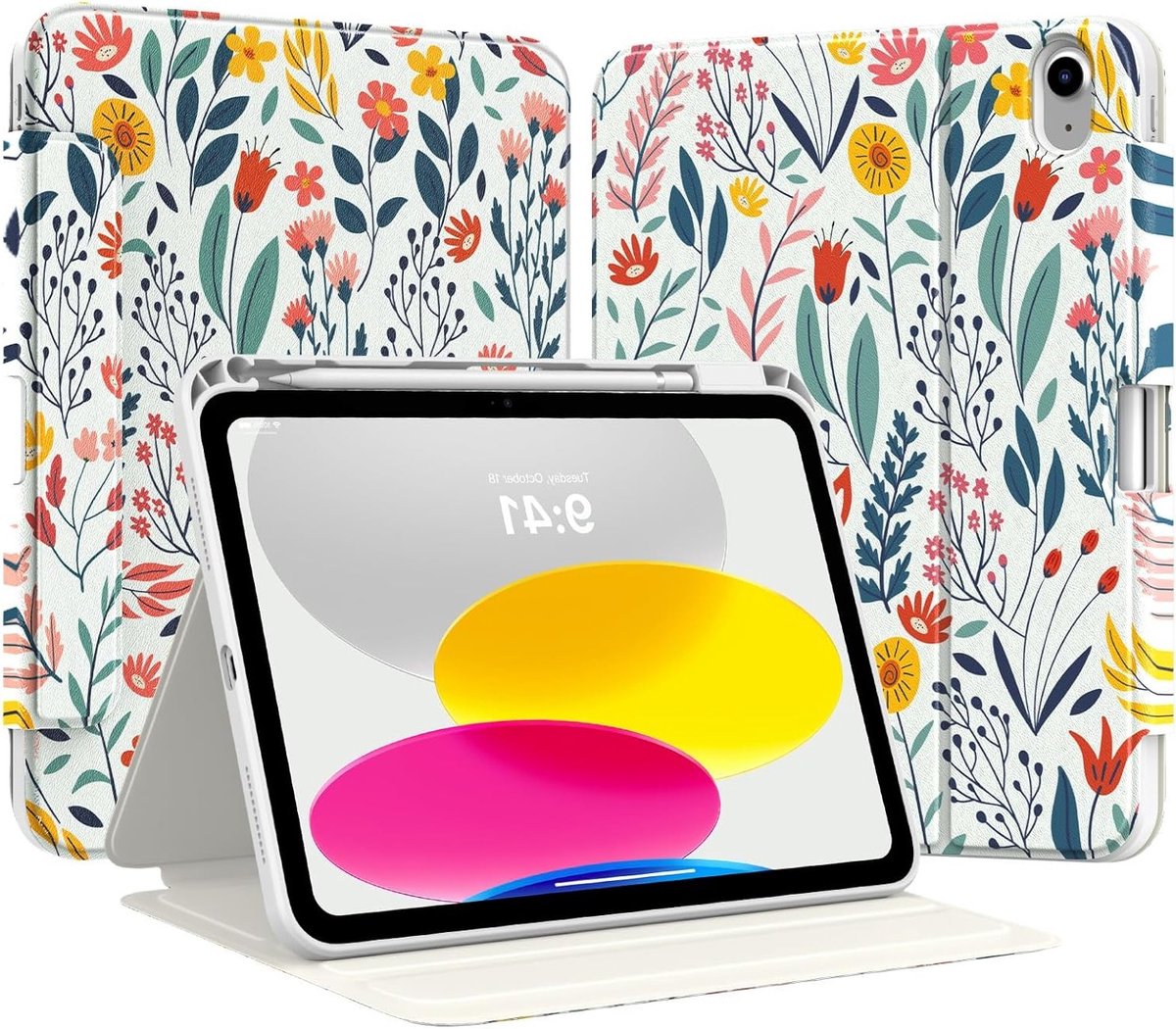 Beschermhoes voor iPad 11 Inch (A16) en 10.9 Inch met Pencil Houder, Verstelbare Stand en Bloemenpatroon