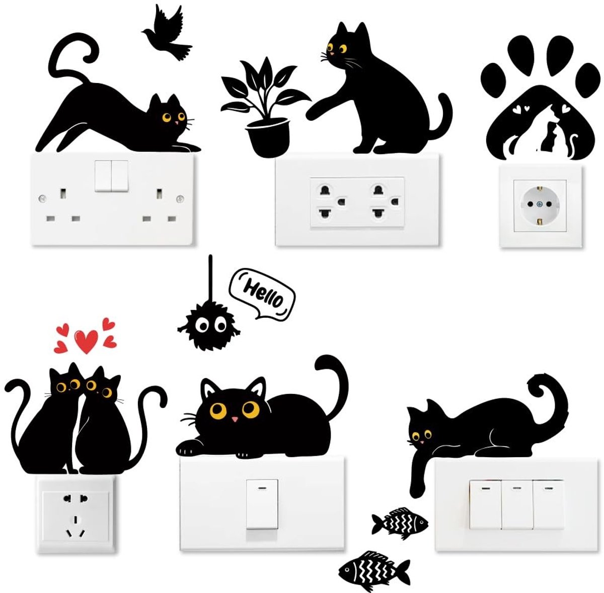 Dailygoods - Set van 6 Lichtschakelplaatstickers met Kattenmotief
