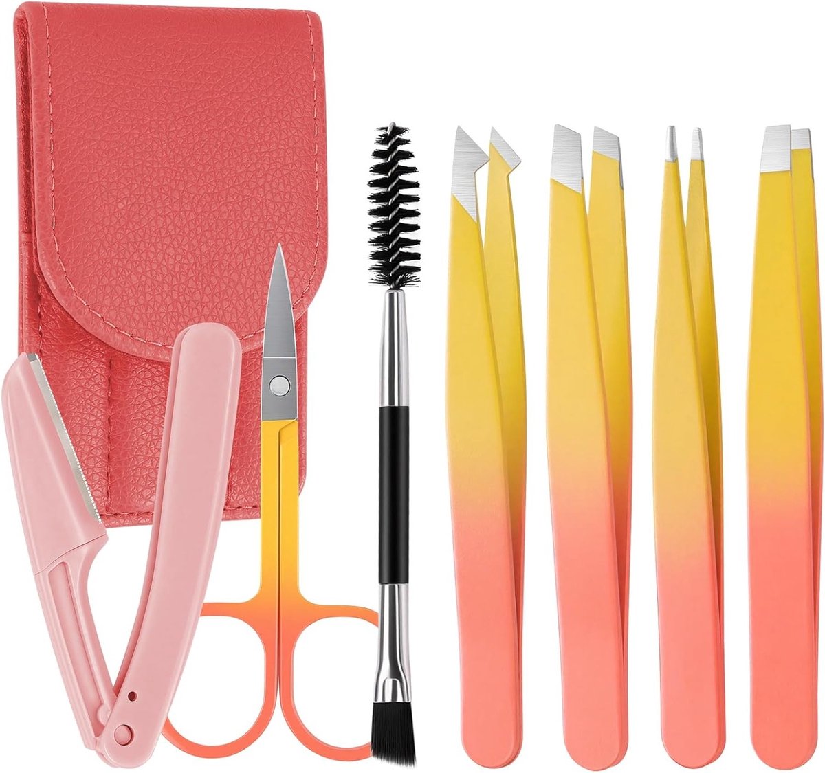 Professionele Set van 7 Pincetten voor Oogbrows, RVS Precisiepincetten met Schaar en Leren Etui voor Vrouwen, Ideaal voor Gezichtsbeharing en Ingegroeide Haren Verwijderen