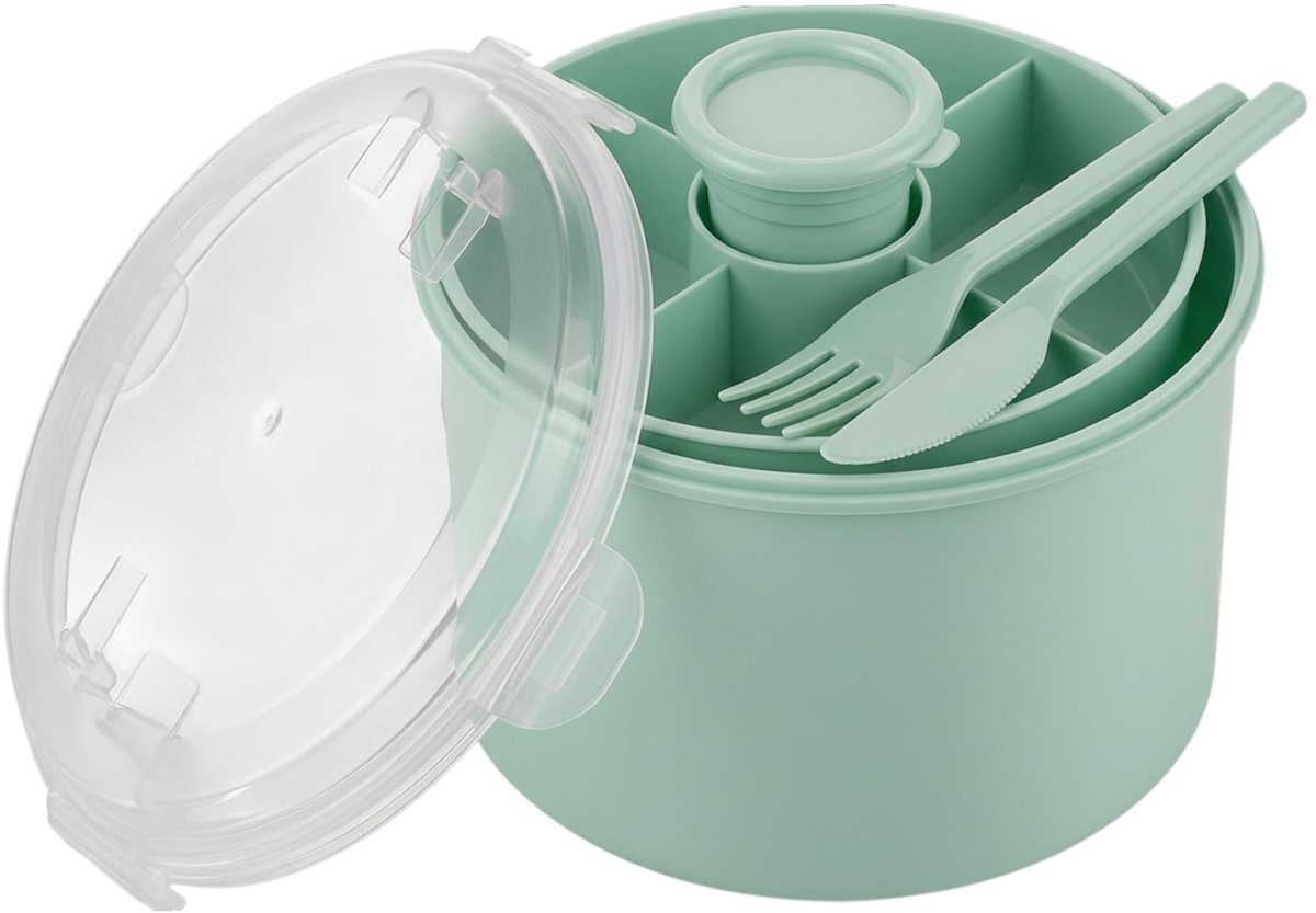 Dailygoods - Ronde Lunchbox met Bestek en Dressingbeker, Lekvrij