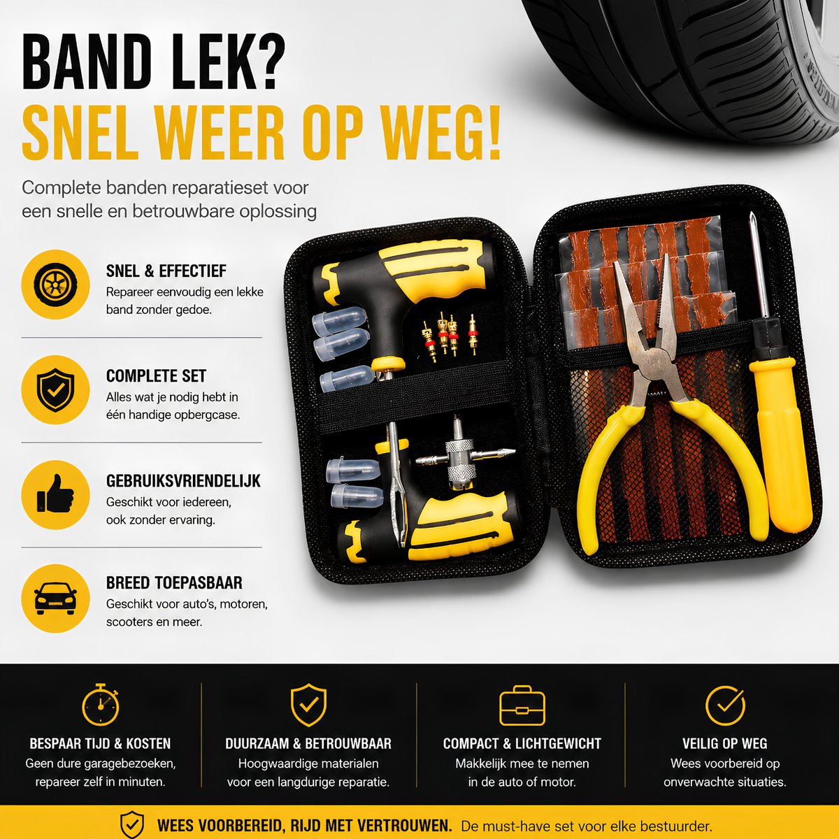 Bandenreparatieset- Banden Reparatieset Auto- Complete Set- Proppenset- Inclusief Handige Opbergtas- Reparatieset Voor Motor, Brommer Of Auto thumbnail 3