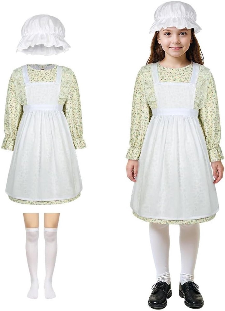Victoriaanse Maids Kostuum voor Meisjes, Middeleeuwse Jurk met Mop Cap en Witte Sokken, Perfect voor Halloween en Wereld Boeken Dag