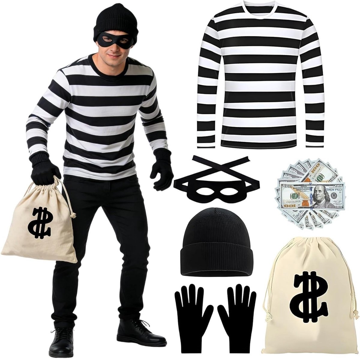 Volwassenen kostuum voor bankoverval met accessoires, perfect voor themafeesten en Halloween