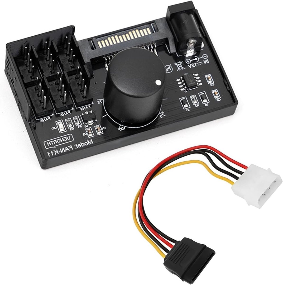 Fan Snelheidsregelaar 12V met 4 Pin, PC Ventilator Hub voor 6 Fans, SATA en DC Aansluitingen, Maximaal 60W, 5A, Ideaal voor Gaming en Koeling