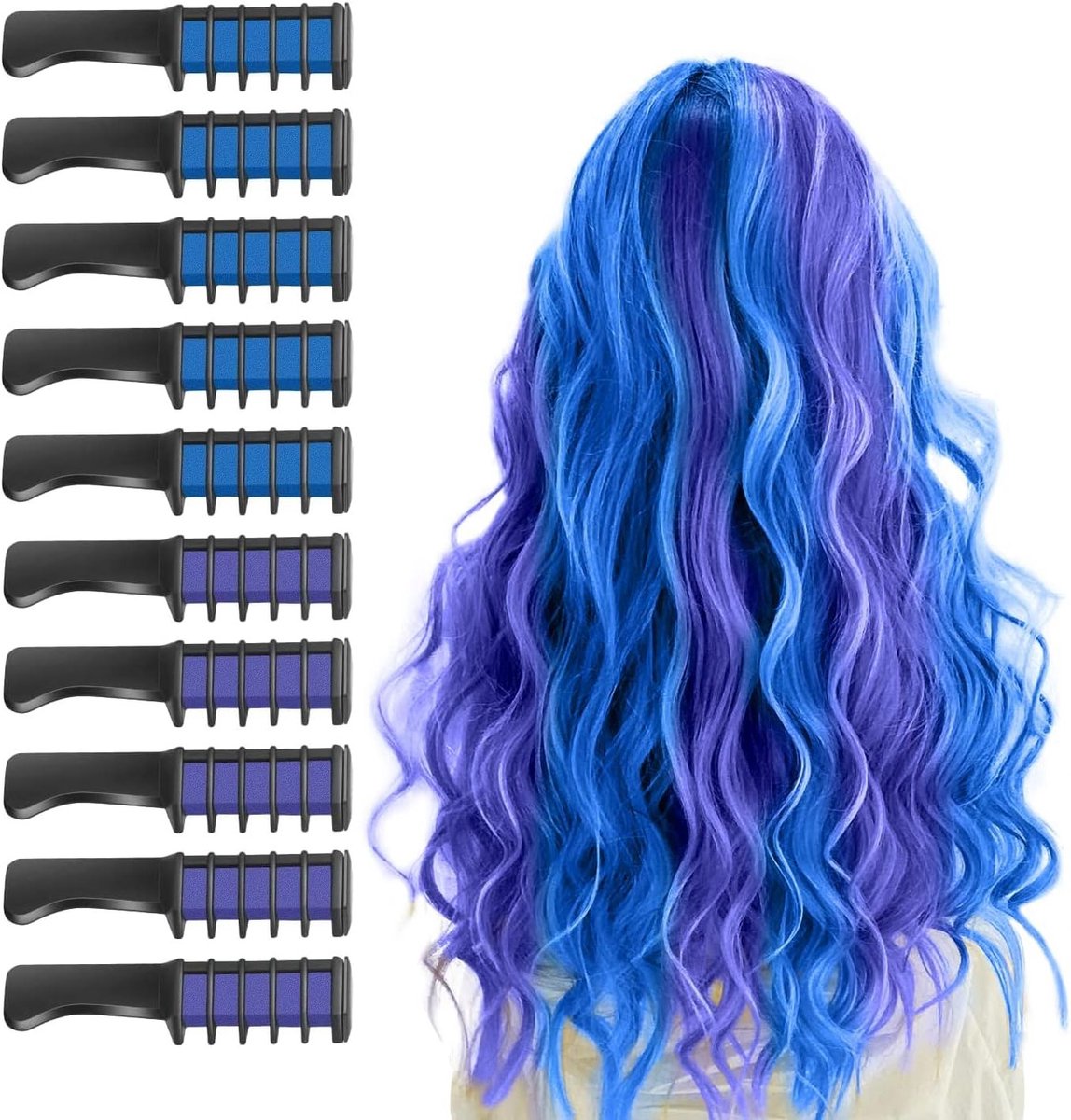 Kleurige Haarkrijt Kam Set van 10 Stuks voor Kinderen - Wasbare, Niet-Toxische Haarverf voor Feestjes, Carnaval en Verjaardagen (Roze + Blauw)