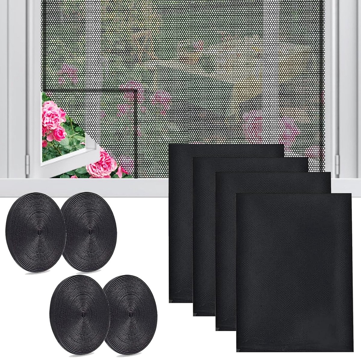 Set van 4 Zelfklevende Horren voor Raam 130 cm x 150 cm - Muggennet voor Raam, Verstelbaar en Eenvoudig te Installeren