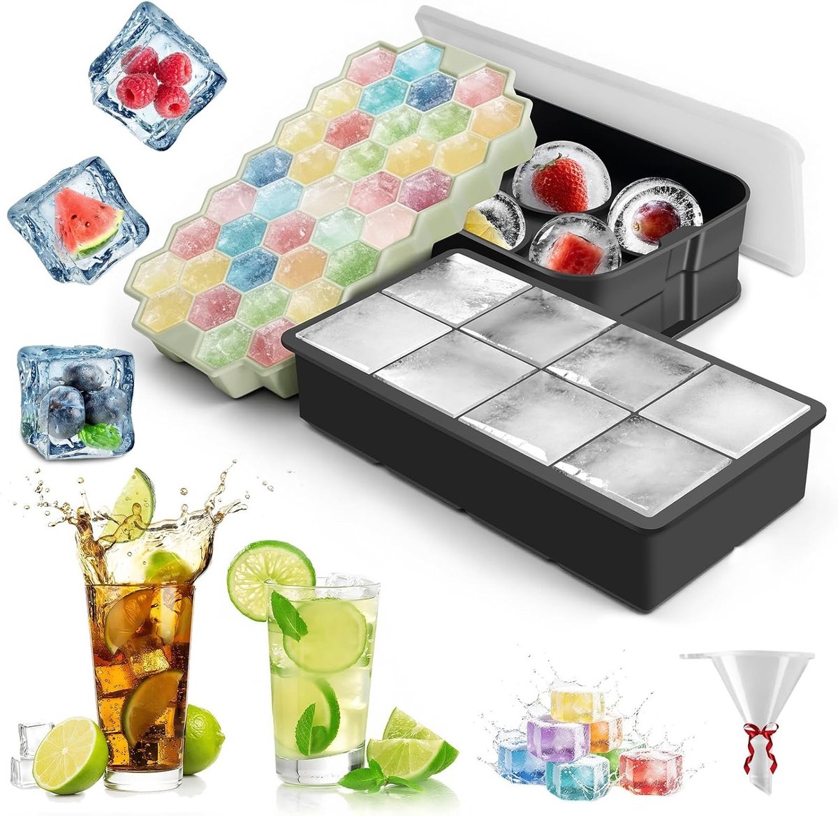Siliconen IJsblokjesvorm met Deksel, 3 Stuks, Makkelijk te Ontdooiën voor Drankjes, Cocktails en Desserts