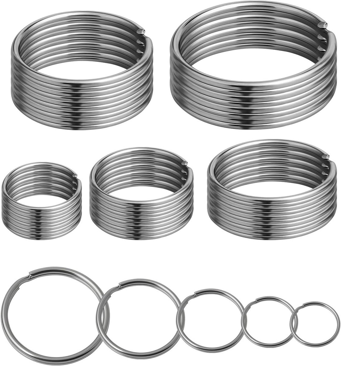 Assortiment sleutelhangers, gesplitste sleutelhanger lussen in 5 maten voor sleutels, hondenhalsband, label en doe-het-zelf projecten