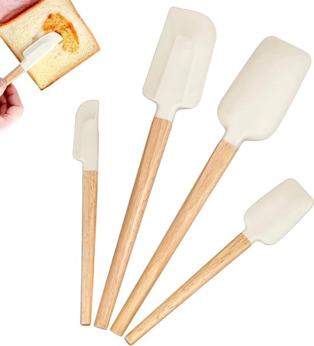 Keukenspatel - 4 stuks deegspatels - Keuken-schraper met beukenhouten handvatten - 4 maten - Zachte siliconen spatels voor glas - Mixer - Bakken - Jam schilderen