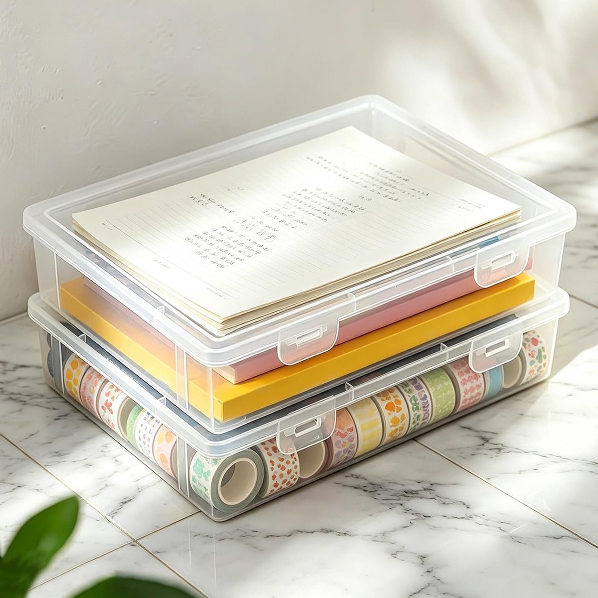 Plastic Opbergdoos 27 x 19,5 x 5 cm, Set van 2, Rechthoekig, Stapelbaar, Met Deksel voor Documenten en Kantoorbenodigdheden Organiseren