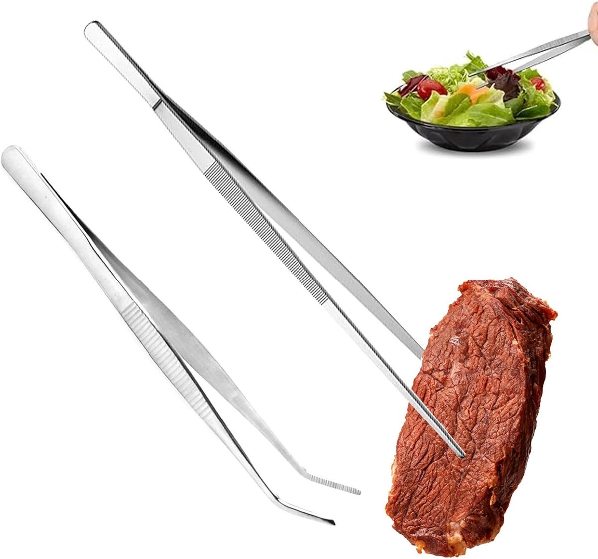 RVS Keukentangen Set van 2 – 30 cm Rechte en Gebogen Keukentangen – Ideale BBQ Tangen voor Koken, Serveren en Grillen – Professionele Keukentools voor Thuis en Buiten
