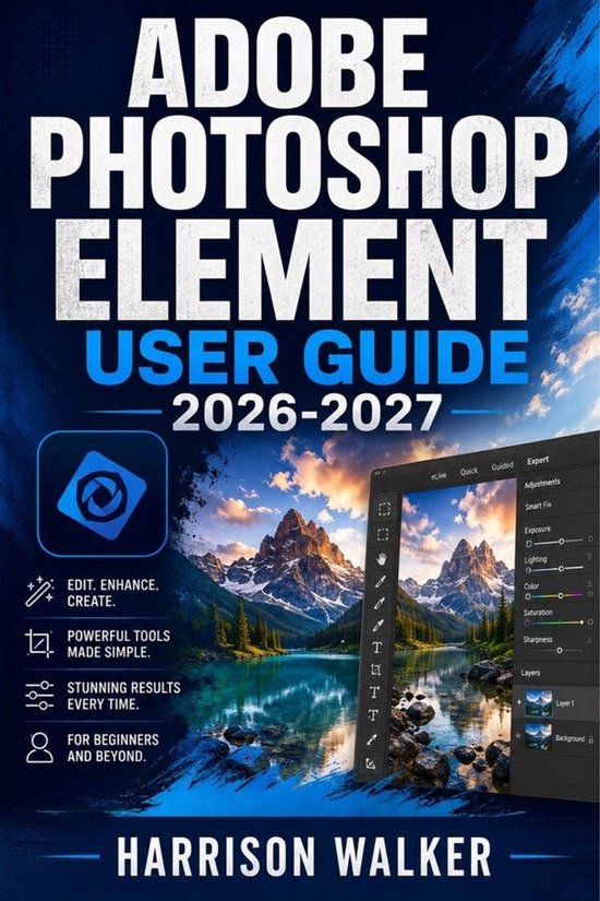 Gebruikersgids Adobe Photoshop Elements 2026-2027 met bergen, meer en software-interface.