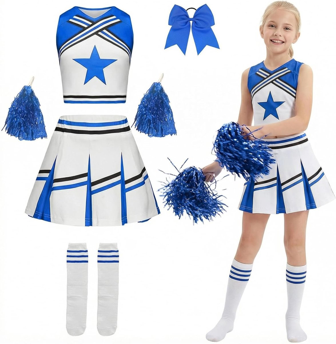 Cheerleader Kostuum voor Meisjes met Jurk, Pompoms en Sokken - Perfect voor Carnaval, Feest en Cosplay