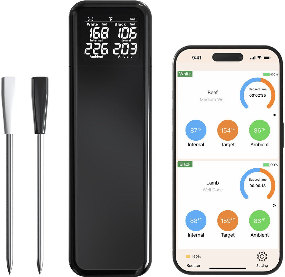 Draadloze Vleesthermometer met Dubbele Sondes – Slimme Wireless BBQ Thermometer