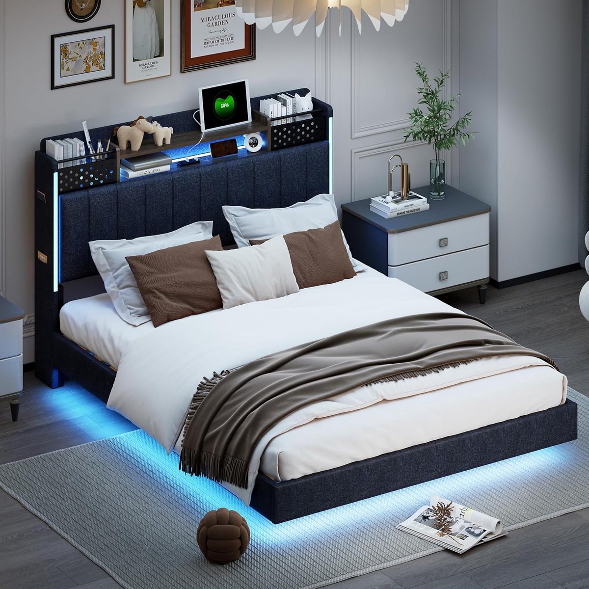 Gestoffeerd Bed - Frame Nachtfunctie - Slaapkamer Inrichting - Hoofdeinde Met Opbergruimte
